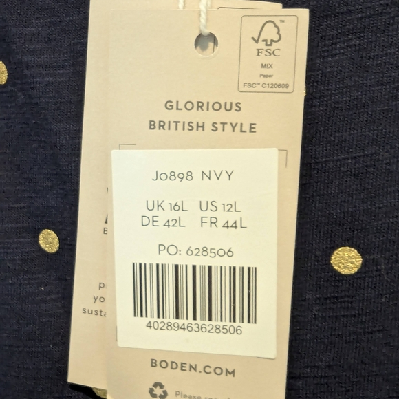 Brand new Boden Romaine Tiered Jersey Dress. Navy w/ Gold Polkadot, size 12 long - Picture 7 of 10